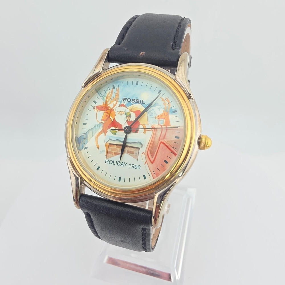 Vtg 1996 FOSSIL Watch Limited Edition Holiday Christmas Santa Black Leather 8"